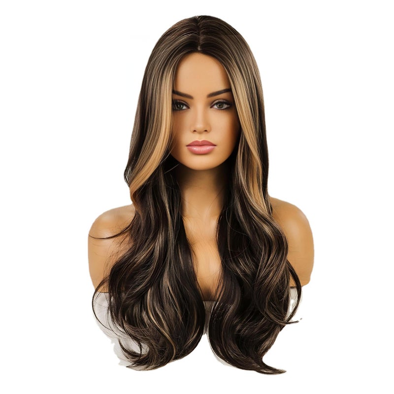 JOUKAYEA Long Wavy Blonde and Brown Wig for White Black Women, Synthetic Beach Loose Body Wave Brunette Wig with Blond Highlight, Realistic Curly Sexy Natural Looking Hispanic Ladies Hair Wigs - Image 3